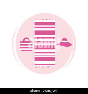 Niedliches Logo oder Icon Vektor mit Frauen Sommer Strandhut, Tasche und Handtuch, Illustration auf Kreis mit Pinselstruktur, für Social Media Story und Highlight Stock Vektor