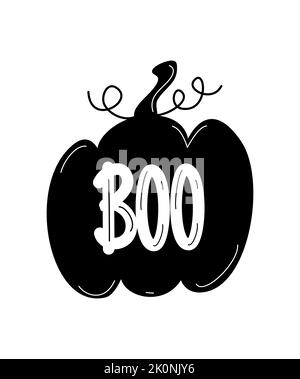 Niedliche schwarze Kürbis Silhouette mit Hand gezeichneter Schrift Buh Text halloween Vektor Karte Illustration Stock Vektor