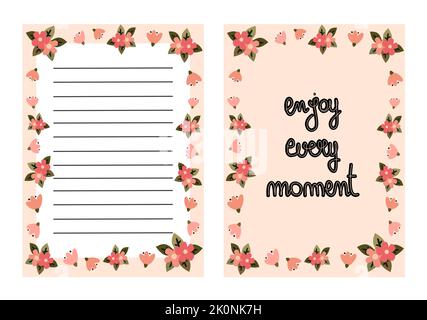 Niedliche Vektorvorlage für Agenda mit Frühlingsblumen und handgezeichnetem Schriftzug Genießen Sie jeden Moment Stock Vektor