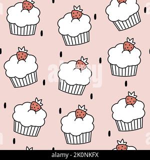 Nette schöne Cartoon leckere schwarze und weiße Cupcakes mit roten Erdbeeren nahtlose Vektor-Muster Illustration auf rosa Hintergrund Stock Vektor