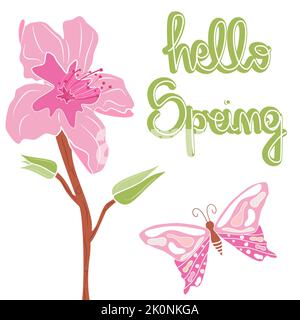 Niedliche handgezeichnete Schriftzüge hallo Frühling Text mit Pfirsich Baum rosa Blumen und Schmetterling Vektor Illustration Karte Stock Vektor