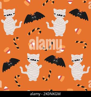 Niedliche halloween Cartoon nahtlose Vektor Muster Hintergrund Illustration mit Charakter Mumie Katzen, Fledermäuse und Süßigkeiten Stock Vektor