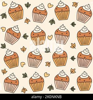 Niedliche Kürbis Cupcakes Cartoon nahtlose Vektormuster Hintergrund Illustration Stock Vektor