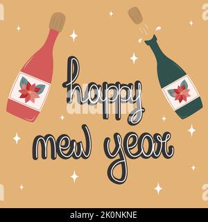 Niedliche Cartoon Konzept Vektor Urlaub Illustration in flachem Design mit handgezeichneten Schriftzug glücklich Neujahr Text und Champagner-Flaschen Stock Vektor