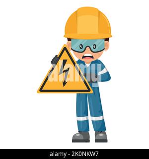Industriearbeiter mit Warnschild für elektrische Gefahren. Warnsymbole und Symbol. Arbeiter mit persönlicher Schutzausrüstung. Arbeitsschutz und oc Stock Vektor