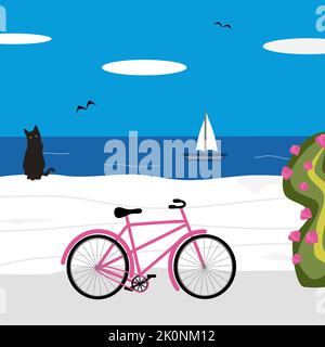 Nette Zeichentrickfilm sonniger Tag griechische Landschaftsszene mit schwarzer Katze, Fahrrad und Meer Vektor Illustration Stock Vektor