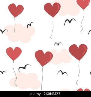 Nette schöne romantische nahtlose Vektor-Muster Hintergrund Illustration mit Herz-Form Luftballons am Himmel mit rosa Wolken und Vögel Silhouette Stock Vektor