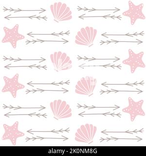 Nette schöne nahtlose Vektor-Muster Hintergrund Illustration mit Pfeilen, Muscheln und Seesterne Stock Vektor