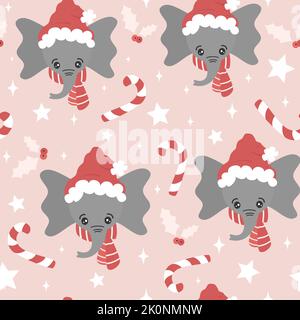 Niedliche Winterferien Hand gezeichnet nahtlose Vektor-Muster Hintergrund Illustration mit Cartoon-Figur Baby Elefant mit weihnachtsmann Hut und Schal Stock Vektor