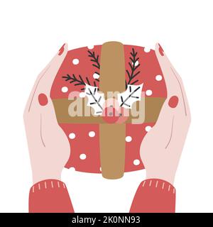 Nette weibliche Hände mit roten weihnachten Geschenkbox schöne Urlaub Vektor Hintergrund Illustration Stock Vektor