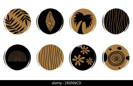 Vektor-Set mit Logo-Design-Vorlagen, Symbolen und Abzeichen für soziale Medien instagram hebt Cover mit niedlichen Händen, gezeichneten abstrakten Formen und botanica hervor Stock Vektor