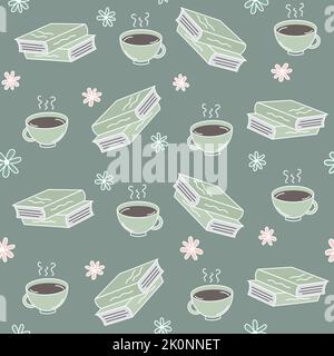 Niedliche Zeichentrick nahtlose Vektormuster Hintergrund Illustration mit Büchern, Tasse Kaffee und Gänseblümchen Blumen Stock Vektor