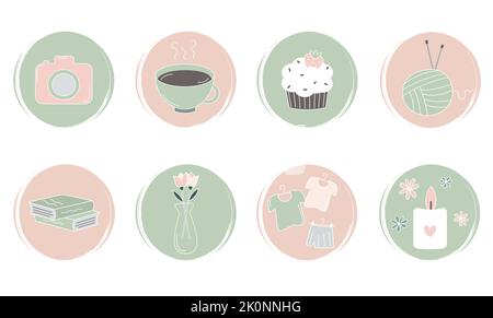 Niedliches Vektor-Set mit Logo-Design-Vorlagen, Symbolen und Abzeichen für Social-Media-Highlights mit Hygge-Elementen Stock Vektor