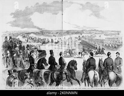 Grand Review in Washington von Präsident Abraham Lincoln, General George Brinton McClellan und einem Teil des Kabinetts, 24.. September 1861 über acht Artilleriebatterien und drei Kavallerieregimente. Illustration des amerikanischen Bürgerkriegs des 19.. Jahrhunderts aus Frank Leslie's Illustrated Newspaper Stockfoto