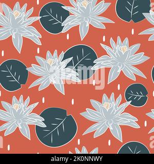 Niedliche bunte trendige nahtlose Vektor-Muster Illustration mit schönen Lotusblättern und Blumen auf rotem Hintergrund Stock Vektor