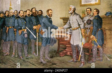 Ein Druck, auf dem Ulysses Grant, der den General der Unionsarmee kommandierte, am 9. April 1865 im Apomattox Court House die Kapitulation des konföderierten Generals von Chief Robert E. Lee annahm Stockfoto