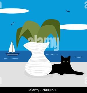 Nette Zeichentrickfilm sonniger Tag griechische Landschaftsszene mit Katze, Vase mit Pflanze und Meer Vektor Illustration Stock Vektor