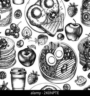 Frühstück nahtlose Muster Hintergrund-Design. Gravierte Ausführung. Handgezeichnete Pfannkuchen, Schüssel mit Avocado, Chia-Pudding, Spiegeleier, Himbeere, Heidelbeere Stock Vektor