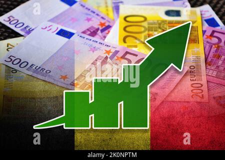 Wirtschaftsdiagramm: Steigender Pfeil, Bargeld-Euro-Banknoten und Flagge Belgiens (Geld, Wirtschaft, Unternehmen, Finanzen, Krise) Stockfoto