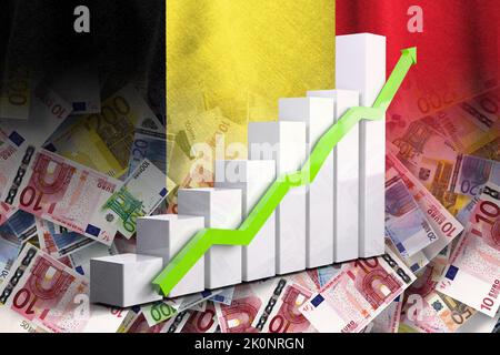 Wirtschaftsdiagramm: Steigender Pfeil, Bargeld-Euro-Banknoten und Flagge Belgiens (Geld, Wirtschaft, Unternehmen, Finanzen, Krise) Stockfoto