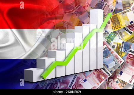 Wirtschaftsdiagramm: Steigender Pfeil, Bargeld-Euro-Banknoten und niederländische Flagge (Geld, Wirtschaft, Unternehmen, Finanzen, Krise) Stockfoto