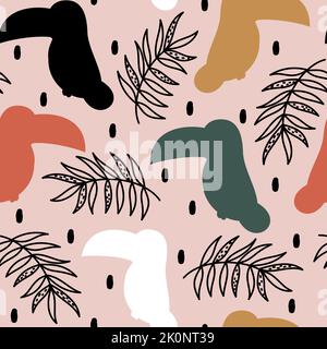 Niedliche handgezeichnete abstrakte nahtlose Vektor-Muster-Design-Illustration mit bunten Tukan-Silhouetten, Blättern und schwarzem Konfetti auf rosa Hintergrund Stock Vektor