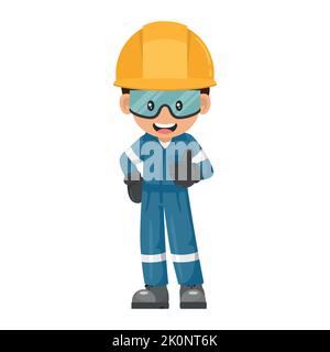 Industriearbeiter in blauen industriellen Overalls mit Daumen nach oben. Techniker mit seiner persönlichen Schutzausrüstung. Arbeitsschutz und Gesundheit am Arbeitsplatz Stock Vektor