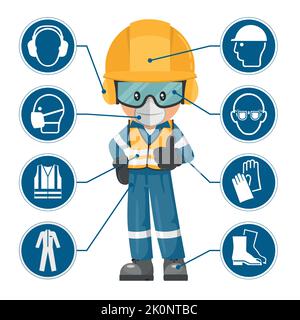 Industriearbeiter mit persönlicher Schutzausrüstung und Symbolen, Sicherheitspictogramme. Arbeitsschutz und Arbeitsschutz am Arbeitsplatz Stock Vektor