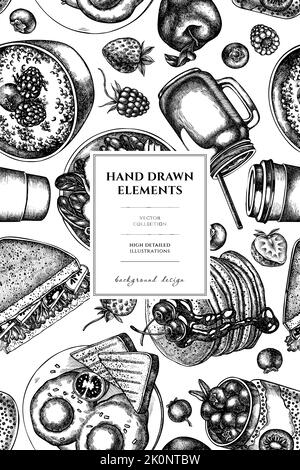 Frühstückskarte. Handgezeichnetes Sandwich, Pfannkuchen, Schüssel mit Avocado, Haferbrei mit Beeren, Chia-Pudding, Spiegeleier, Himbeere, Heidelbeere Stock Vektor