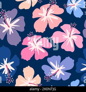 Nette Hand gezeichnete abstrakte nahtlose Vektormusterillustration mit bunten Hibiskusblüten auf blauem Hintergrund Stock Vektor