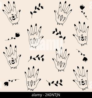 Niedliche elegante minimal nahtlose Vektor-Muster Hintergrund Illustration mit weiblichen Händen mit heiligen Symbolen in böhmischen Stil, Blumen und Blätter Stock Vektor