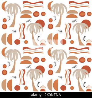 Niedliche moderne Terrakotta abstrakt nahtlose Vektor-Muster Hintergrund Illustration mit Palmen und geometrischen Formen Stock Vektor