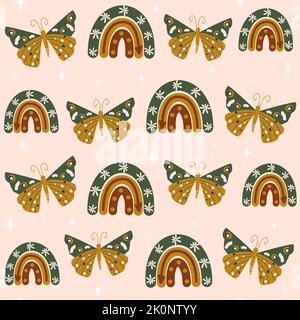 Cute Boho trendy nahtlose Vektor-Muster Hintergrund Illustration mit bunten Motte, Regenbogen und Sterne Stock Vektor