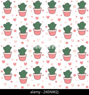 Cute Topfkaktus nahtlose Vektor-Muster Hintergrund Illustration mit Herzen und Punkten Stock Vektor