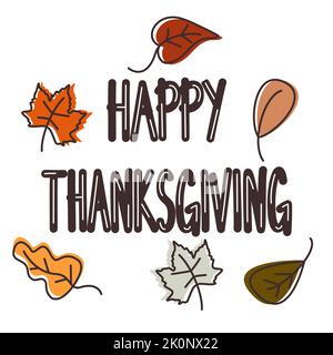 Niedliche Hand gezeichnet Schriftzug glücklich Danksagung mit Herbst Blätter Danksagung Vektor-Karte Illustration Stock Vektor