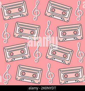 Nette schöne nahtlose Vektor-Muster Hintergrund Illustration mit vintage Kassette und Höhen-Schlüssel Stock Vektor