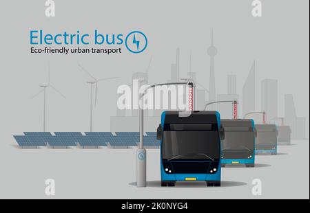 Elektrobus an der Ladestation vor dem Hintergrund erneuerbarer Energien und einer Großstadt. Vorderansicht. Stock Vektor