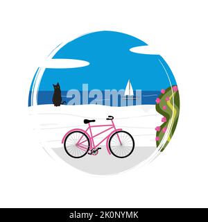 Niedliches Logo oder Symbolvektor mit sonniger griechischer Landschaftsszene mit schwarzer Katze, Fahrrad und Meer, Illustration auf Kreis mit Pinselstruktur, für soziale m Stock Vektor