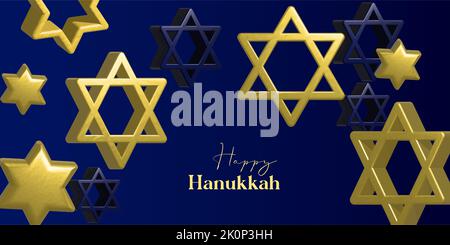 Happy Hanukkah Kartendesign mit goldenen Symbolen auf blauem Hintergrund für den jüdischen Feiertag der Hanukkah Stock Vektor