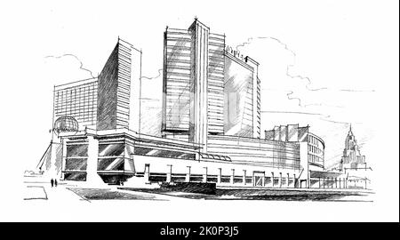 Russland, Moskau. Architektonische Skizze eines mehrstöckigen Gebäudes. Freihändig Bleistiftzeichnung des Zentrums von Moskau. Vektor Stock Vektor