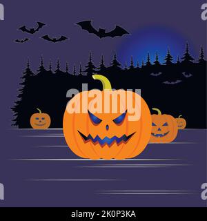 Kürbis mit geschnitzten Elementen des Gesichts für Halloween auf dem Hintergrund des Nachtwaldes. Stock Vektor