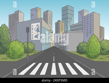 Crosswalk Straße Straße Grafik Farbe Stadt Landschaft Skizze Illustration Vektor Stock Vektor
