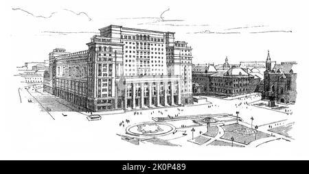Russland, Moskau. Architektonische Skizze eines mehrstöckigen Gebäudes. Freihändig Bleistiftzeichnung des Zentrums von Moskau. Vektor Stock Vektor