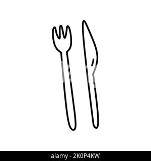 Gabel und Messer isoliert auf weißem Hintergrund. Besteck. Vektor-handgezeichnete Illustration im Doodle-Stil. Perfekt für Karten, Dekorationen, Logo, Menü, verschiedene Designs. Stock Vektor