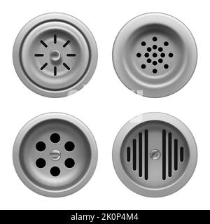 Abfluss der Waschbecken. Stahl runde Badezimmer oder Waschbecken System closeup Ablaufwasser anständige Vektor-Vorlagen Set isoliert Stock Vektor