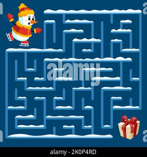 Winter Spaß Labyrinth-Spiel für Kinder. Suchpfad im Labyrinth, Blätter Aktivität Kind spielen. Weihnachten Puzzle mit Cartoon Schneemann, der Geschenk finden, grish Stock Vektor