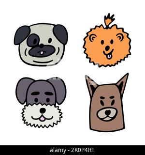 Lustige Hunde Zeichentrickfigur gesetzt. Niedliche Welpen von Mops, pommersche spitz, Schnauzer Rasse Linie Kunst. Schöne glückliche Haustiere auf weißem Hintergrund isoliert. Hand Stock Vektor