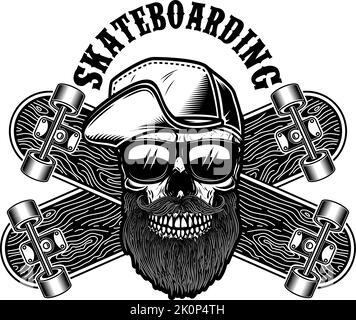 Skateboarder Skull mit gekreuzten Skateboards. Designelement für Logo, Label-Schild, Poster, T-Shirt. Vektorgrafik Stock Vektor