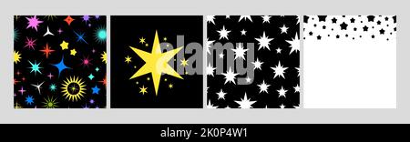 Shine Stars Nahtloses Muster. Brutalismus-Design, Neon-Star Formen Karten und Banner. Dekorative Vektorgrafiken, trendige Hintergründe Stock Vektor