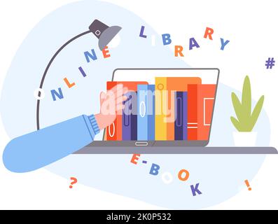 Bildschirmbibliothek für Laptops. Elektronisches Wörterbuch Online-Vorlesung Internet Bildung, digitale Schule Wissen E-Learning-Geschäft auf Heimcomputer Vektor Illustration der Bildungsbibliothek elektronischen Bildschirm Stock Vektor